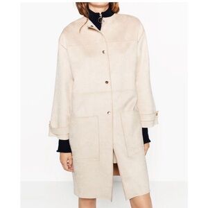 ZARA ZW COLLECTION CREAM FAUX SUEDE COLLARLESS SNAP FRONT DUSTER COAT JACKET M